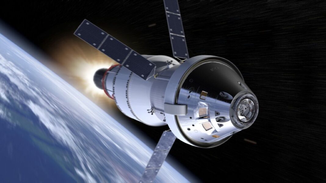 An illustration of the Orion spacecraft traveling through space towards the moon.