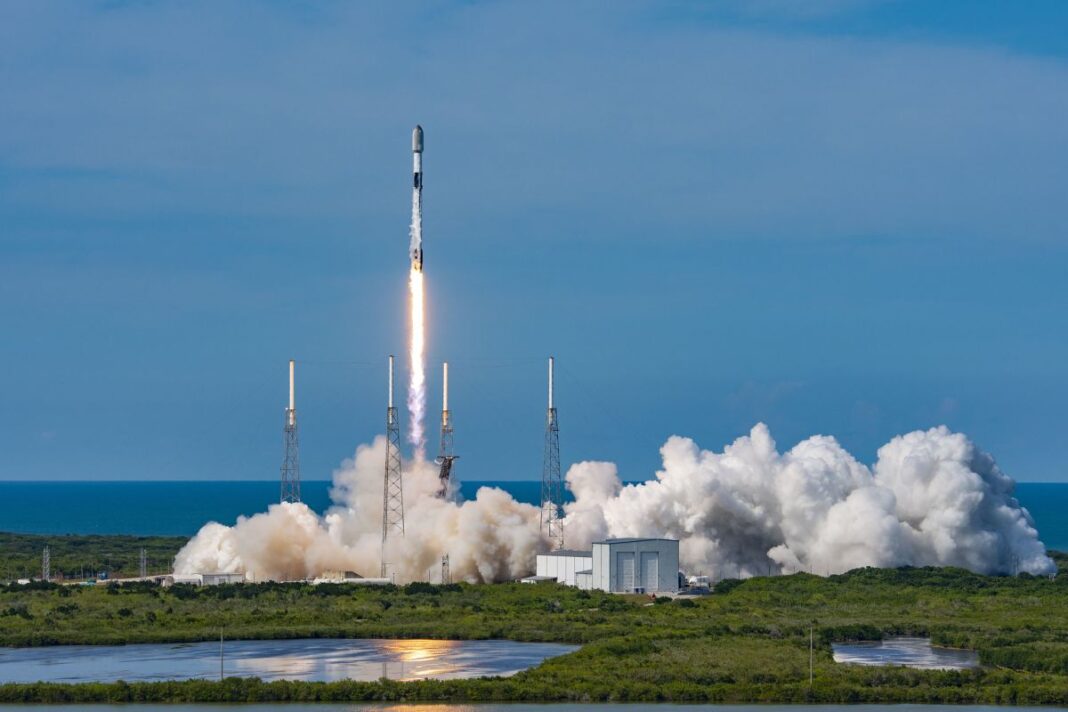 A SpaceX Falcon 9 rocket launches 53 Starlink satellites to orbit from Cape Canaveral Space Force Station in Florida on May 14, 2022. 