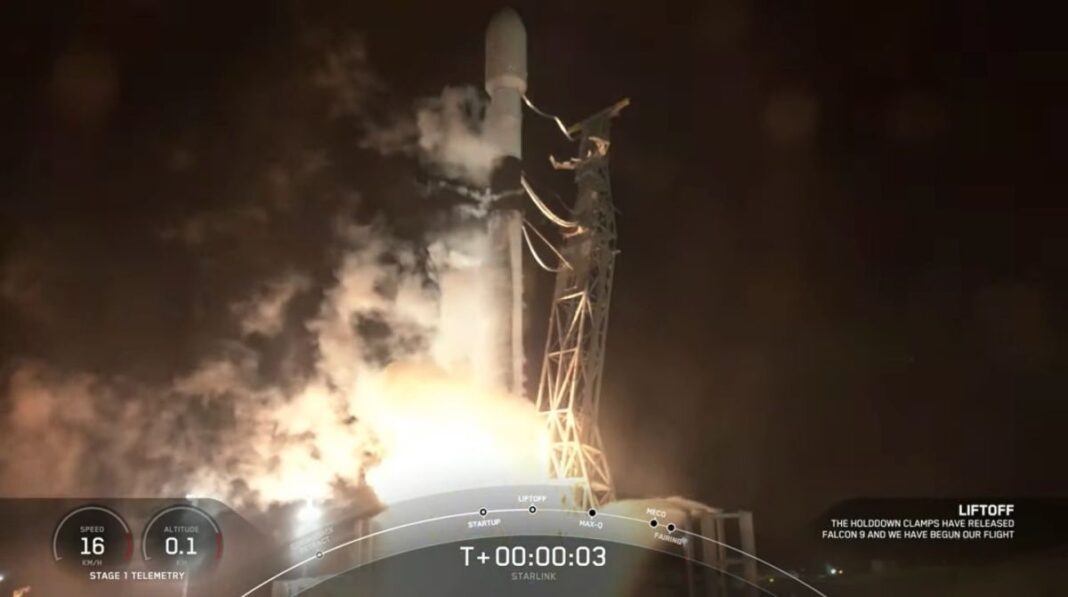 A SpaceX Falcon 9 rocket launches 46 Starlink internet satellites to orbit from Vandenberg Space Force Base on Aug. 31, 2022.