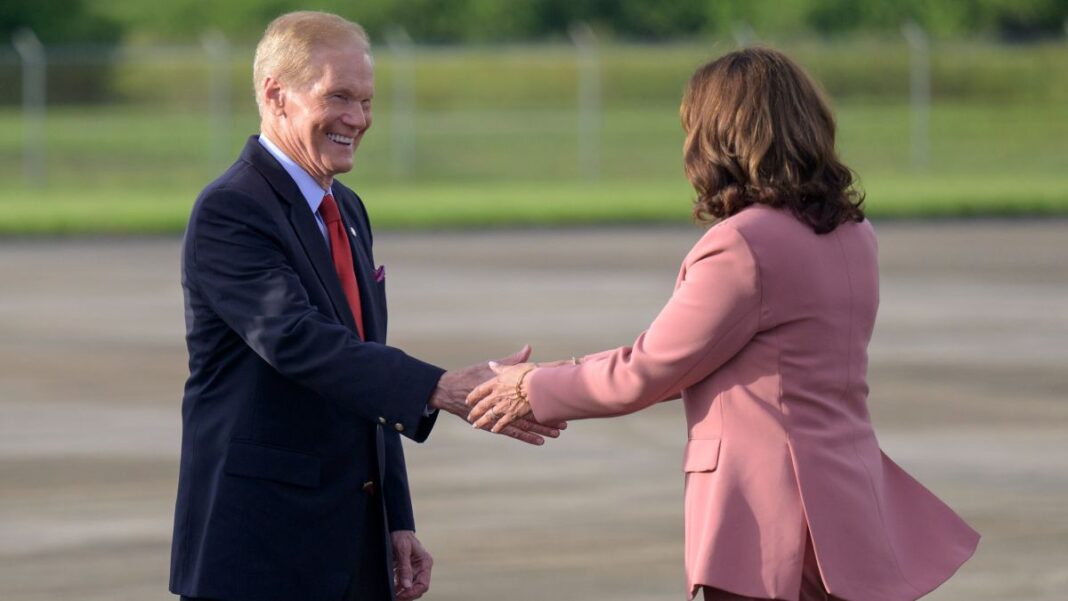 Vice-President Kamala Harris (right) shakes hands with NASA administrator Bill Nelson prior to an Artemis 1 launch attempt on Aug. 29, 2022.