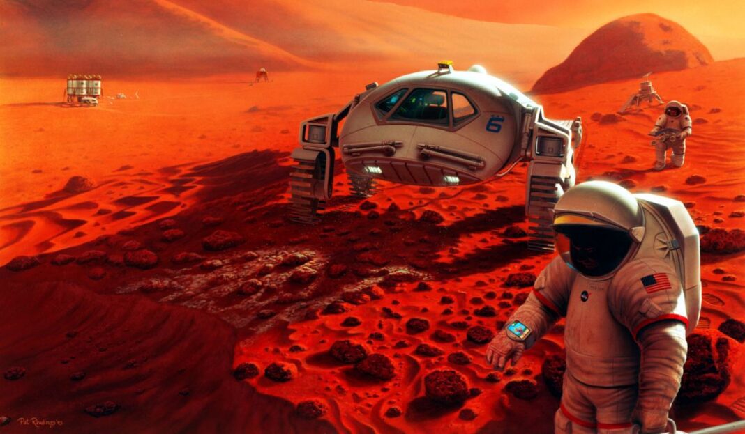 astronaut walking in front of vehicle on mars in artist impression