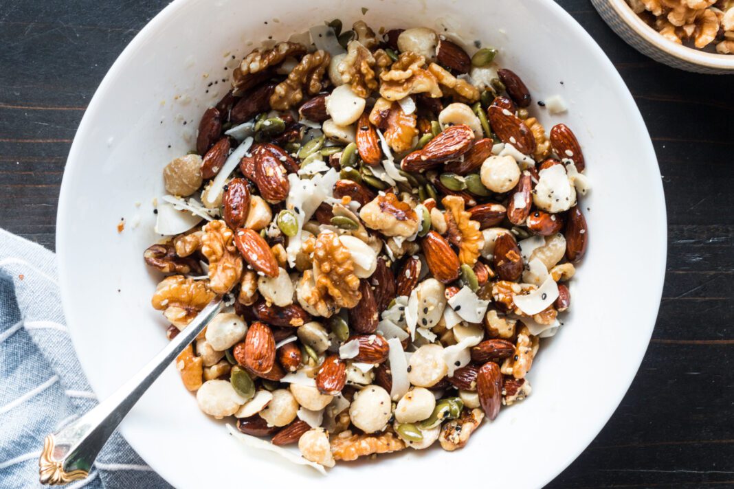 savory keto trail mix in a white bowl