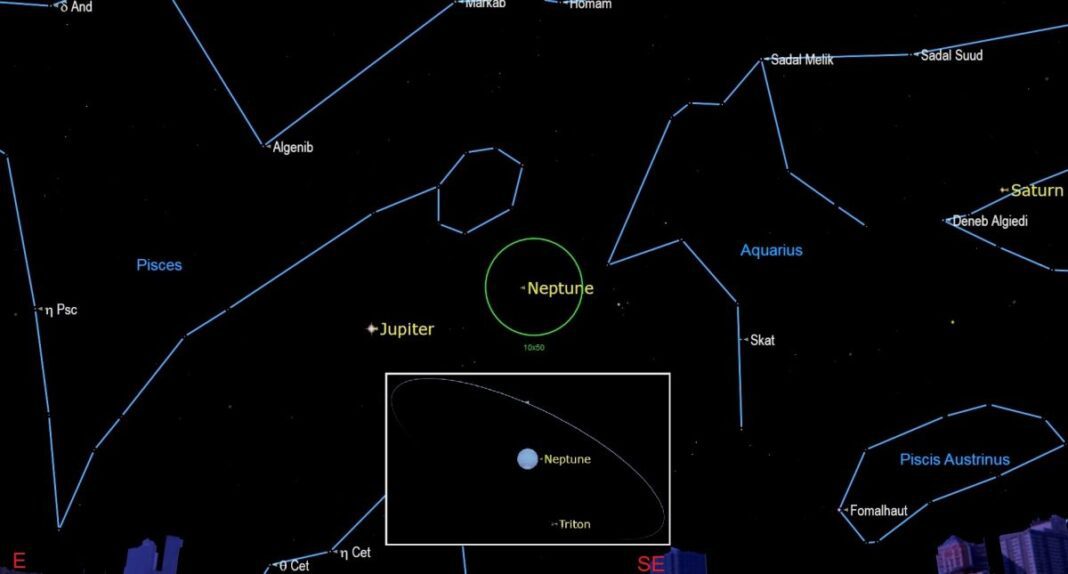 An illustration of the night sky on Friday (Sept. 16) showing Neptune at opposition.
