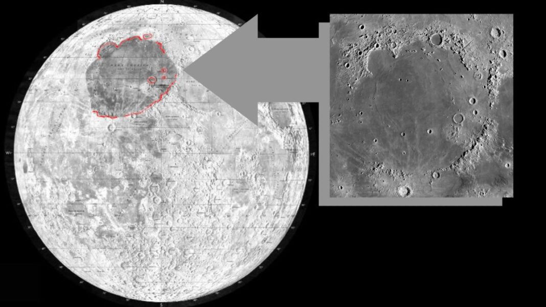 An image of the moon shows the location of the Mare Imbrium basin. The mountain range that marks the northern rim of the basin will be visible from Earth on Sunday. 