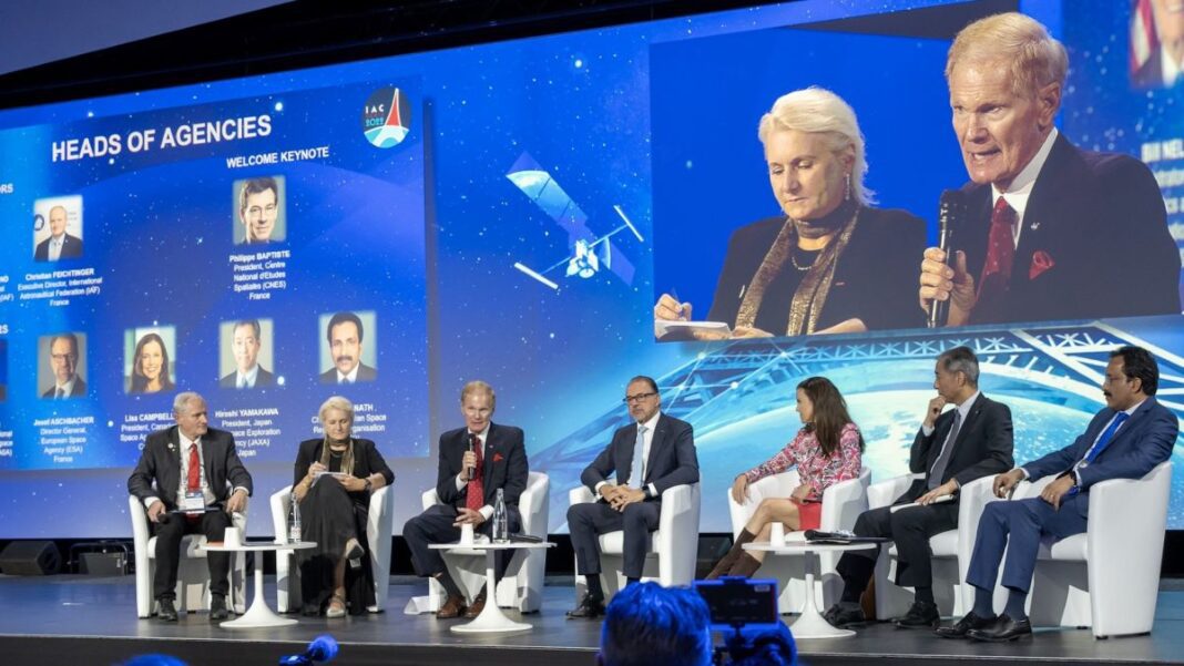 Leaders of several national space agencies speak onstage at the International Astronautical Congress 2022 in Paris.