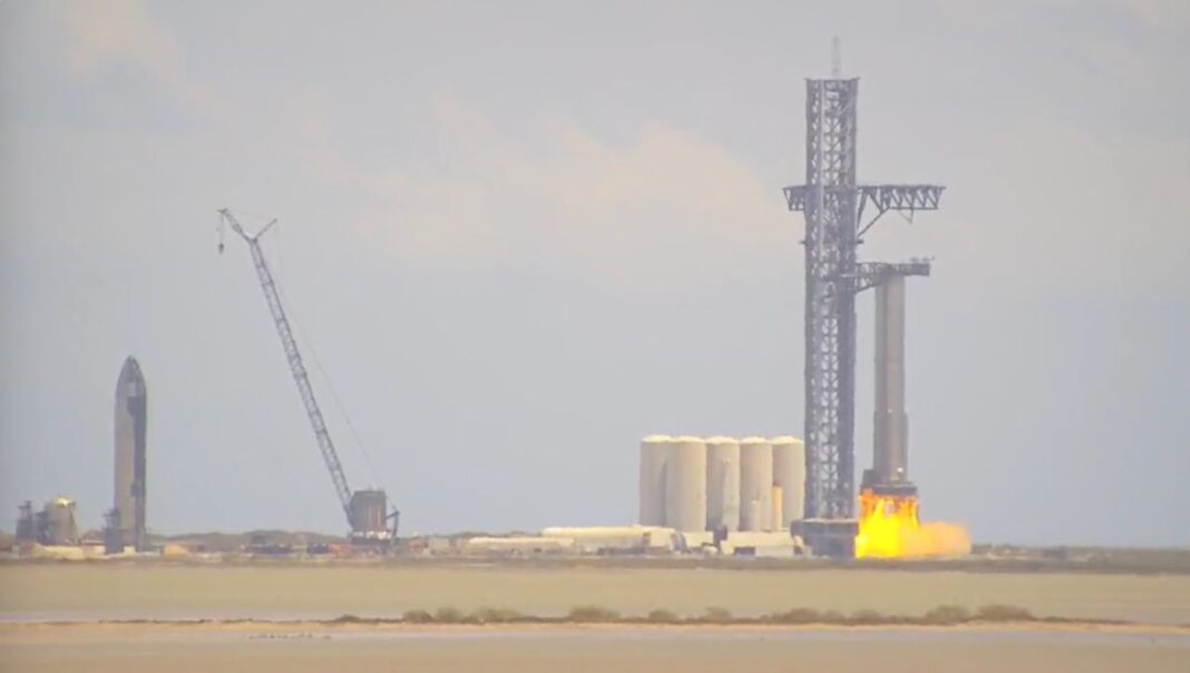 SpaceX performs a multi-engine static fire with its Booster 7 Starship Super Heavy prototype at its Starbase facility in South Texas on Aug. 31, 2022.
