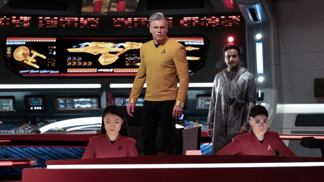 Rong Fu as Mitchell, Anson Mount as Pike, Huse Madhavji as Elder Gamal, and Melissa Navia as Ortegas in Star Trek Strange New Worlds - weekly tv binge