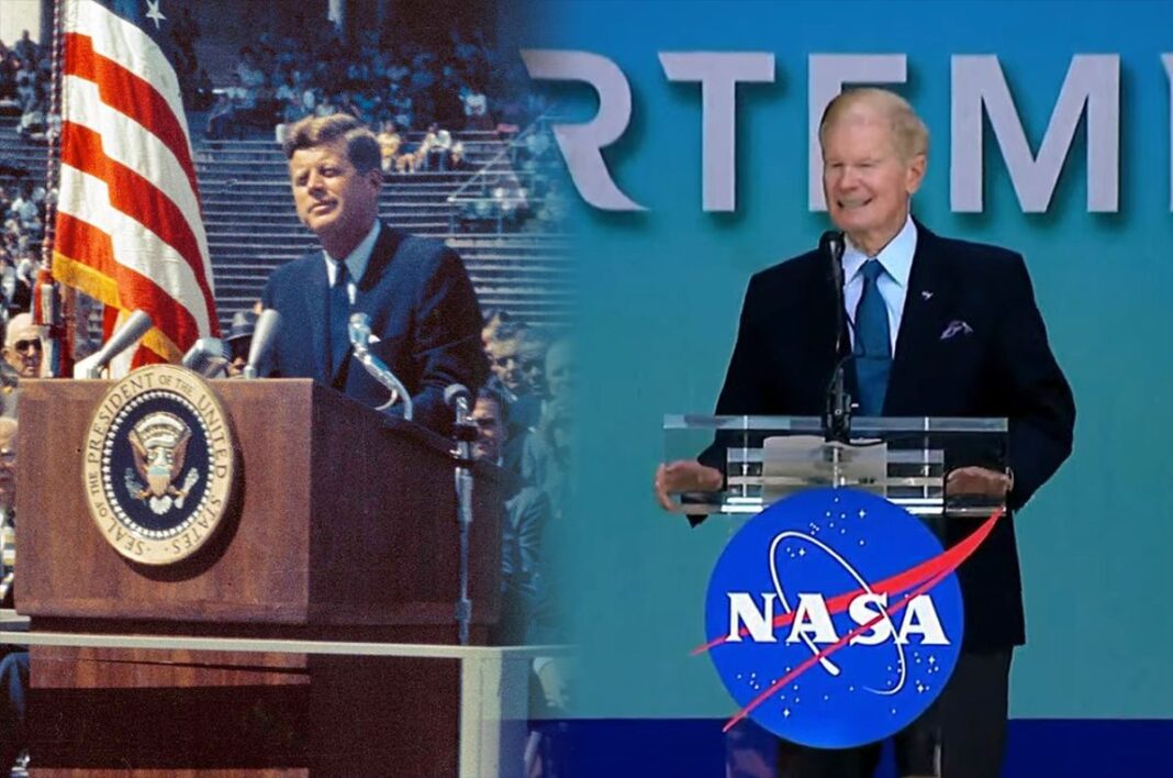 Separated by 60 years, President John F. Kennedy (left) and NASA Administrator Bill Nelson reaffirmed 