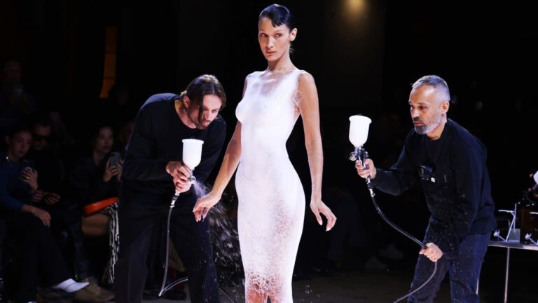 Bella Hadid Gets Dress Sprayed on While Semi-Nude to Close Paris Fashion Week Show