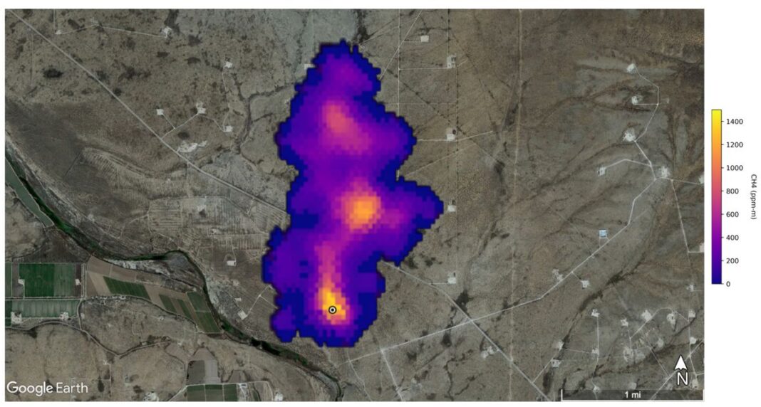 A methane plume 2 miles (3.2 kilometers) long that NASA’s Earth Surface Mineral Dust Source Investigation mission detected southeast of Carlsbad, New Mexico. 