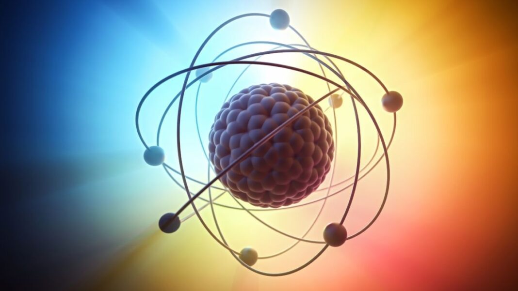 Graphic illustration of an atomic model with a nucleus containing protons and neutrons and electrons 