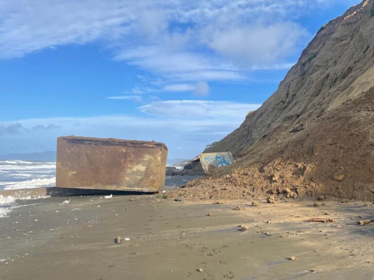 A World War II bunker tumbled down a cliff onto a San Francisco beach. It’s the latest in a series of landslides from record floods.