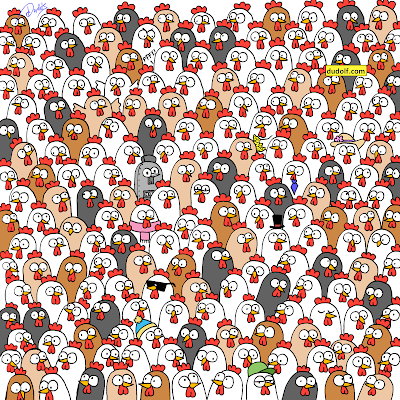 Brain teaser: Can you find 3 owls hidden in this colorful chicken flock?