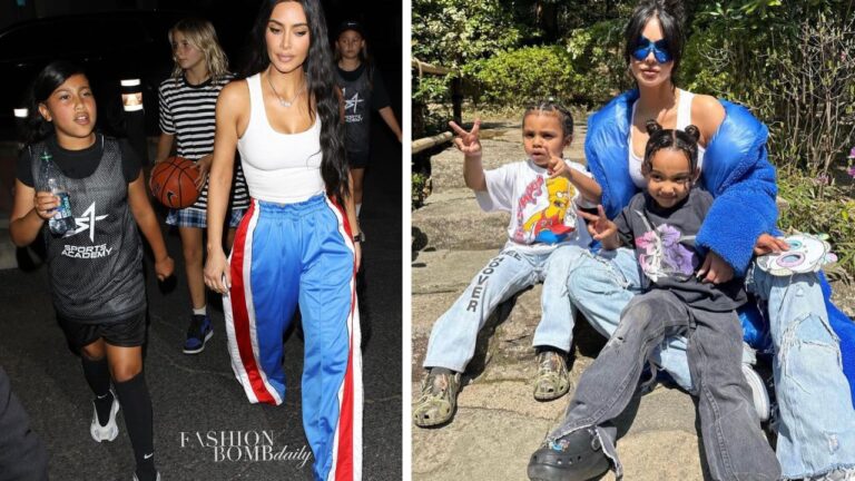 Kim Kardashian Wore Veterments Track Pants to North West Basketball game and a Rains FW23 Coat with family in Japan
