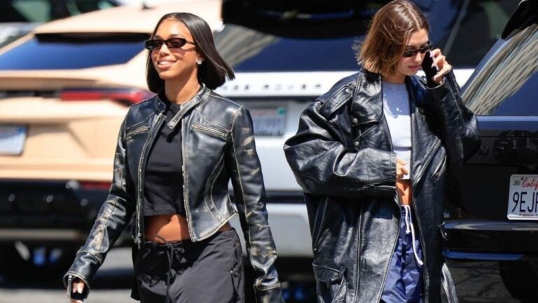 Lori Harvey and Hailey Bieber Were Spotted Twinning in Biker Jackets, Crop tees and Jogger Pants on their Way to see a Movie in L.A.