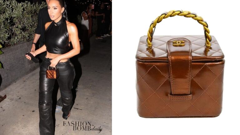 Kim Kardashian Accessorized with a $9,920 Chanel Vanity Case Micro Mini 90’s Vintage Iridescent Bronze Rare Patent Clutch in Miami