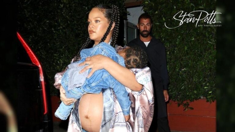 Rihanna Wore True Blue $1685 Balenciaga Scribble Baggy Jeans with Baby RZA in Levis at Giorgio Baldi in Los Angeles