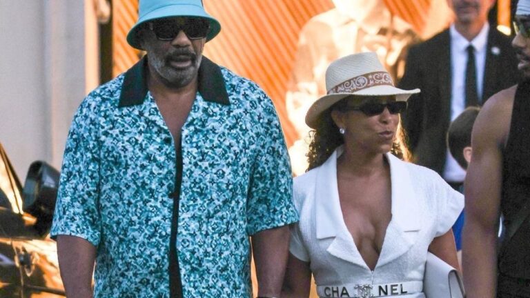 Steve Harvey Wore a $1700 Louis Vuitton Monogram Shirt with Marjorie Harvey in a White Chanel Jumpsuit While Vacationing in St. Tropez