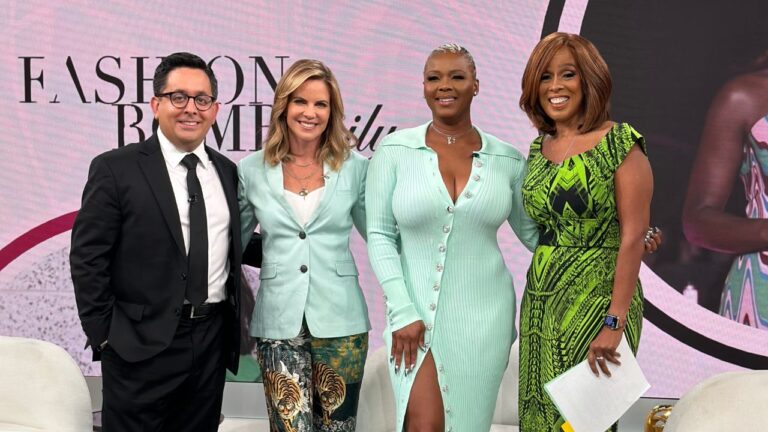 Fashion Bomb CEO, Claire Sulmers Wore a Mint Fumi Embellished Bodycon on CBS Mornings with Gayle King Who Opted for a Green Printed Chiara Boni Dress