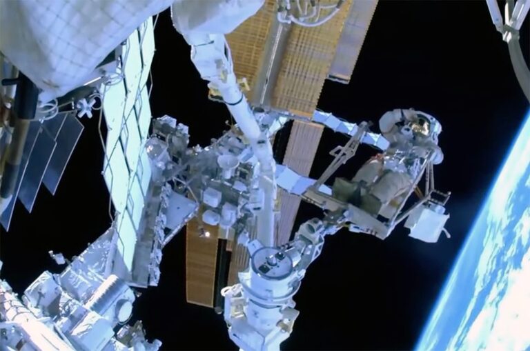 Russian cosmonaut becomes 1st to ride European robotic arm on ISS spacewalk