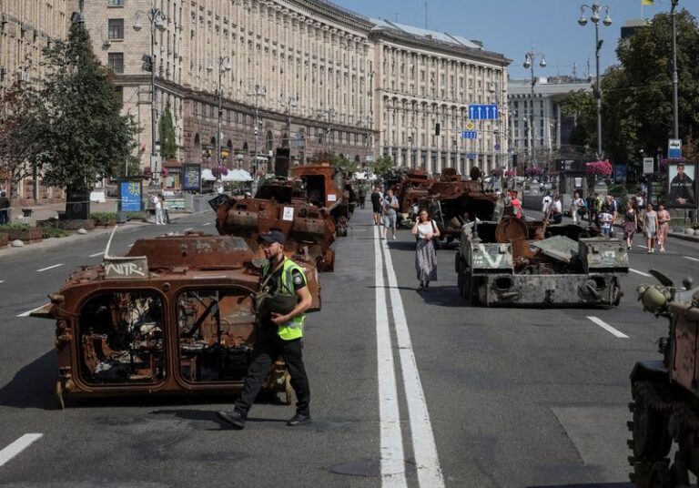 Ukraine lines up destroyed Russian tanks in central Kyiv