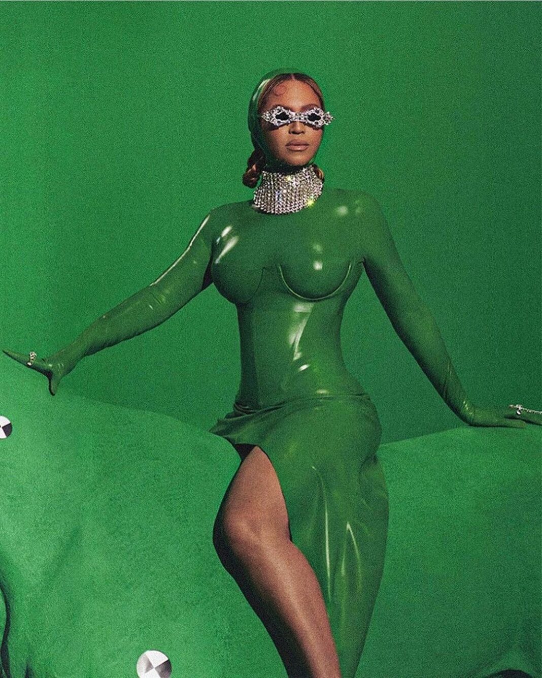 Beyoncé Stunned in a Green Venus Prototype Monochromatic Latex Look for a Renaissance Shoot