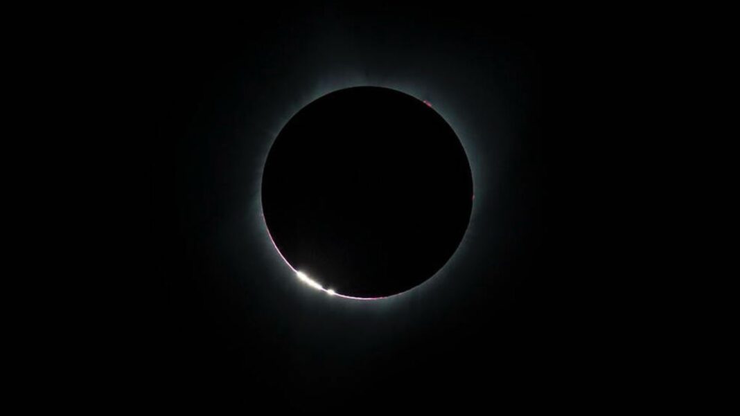 the moon blocks out the sun during a total solar eclipse.