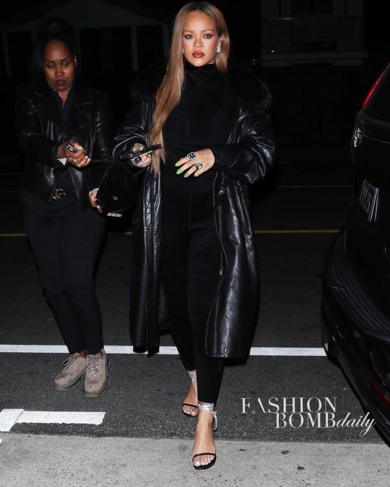 Rihanna Slayed the Scene in a Black $25K Vintage Versace Leather Trench with $1,450 Black Crystal Embellished Amina Muaddi Heels