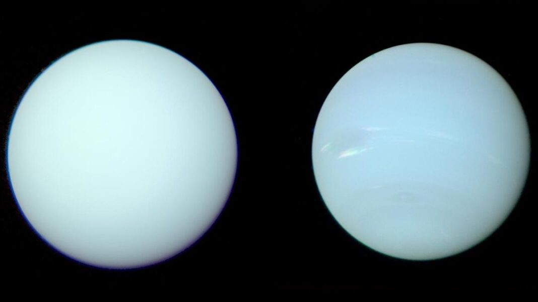 An image of Uranus on the left and Neptune on the right. They look almost indiscernible as they