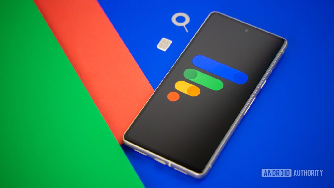 Google Fi Wireless logo on smartphone with SIM card and SIM ejector next to it Stock photo 6