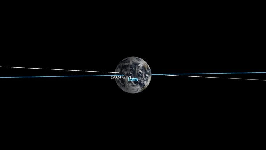 a blue line crosses a white line across a black space. Earth hangs at the lines