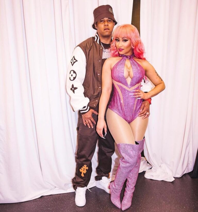 Fashion Bomb Couple: Nicki Minaj Wore a Custom Versace Look with Hubby Kenneth Petty in a $6,250 Louis Vuitton Jacket and $810 Hat Backstage at her Gag City Tour