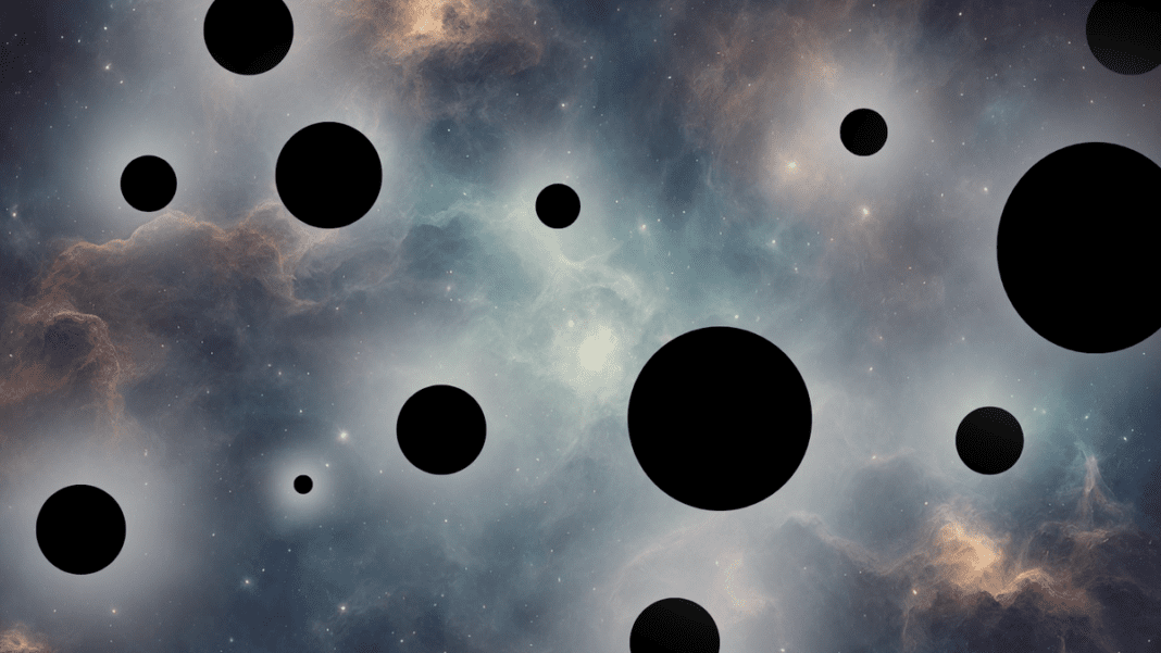 Lots of small black holes of varying sizes against a hazy blue and purple background of space.